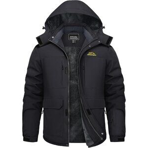 Men's Winter Black Coat with 9 Pockets Waterproof Jacket Warm Fleece Lined Parka